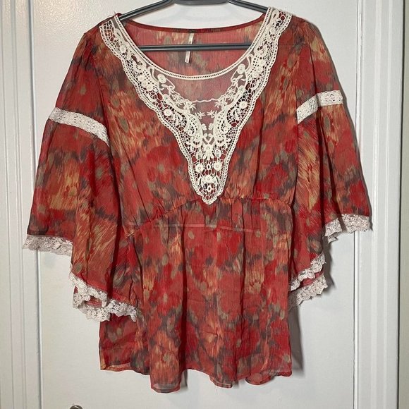 Free People Red and Orange Lace Trim Top - Picture 2 of 4